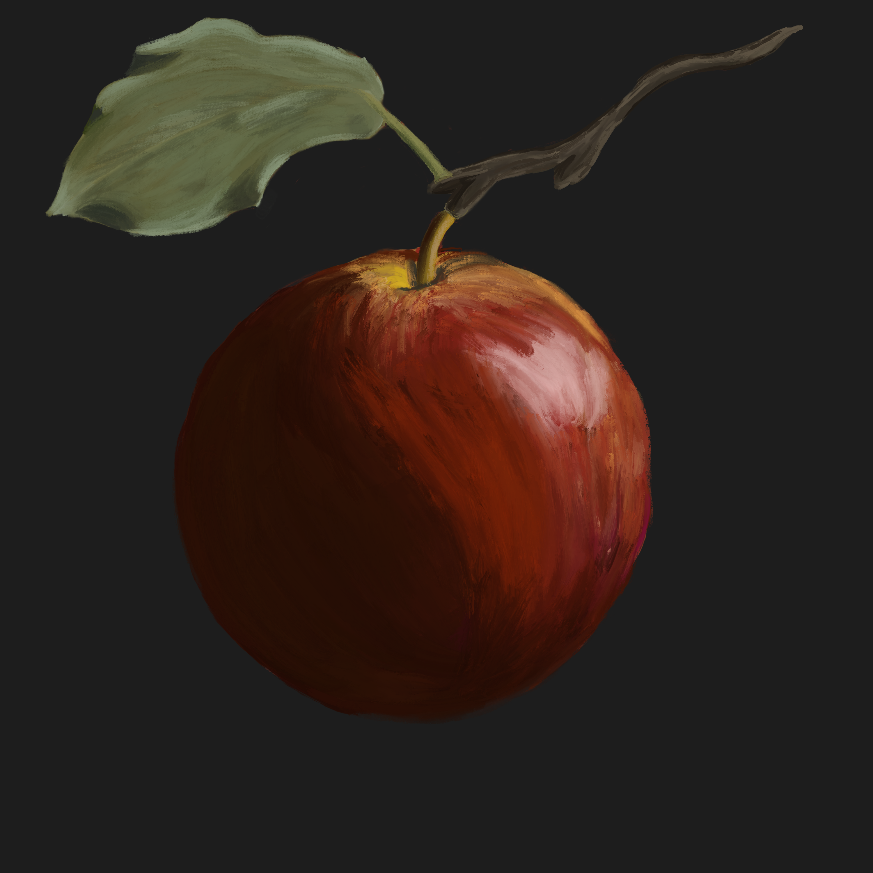 the same apple but in oil paint with a finished leaf