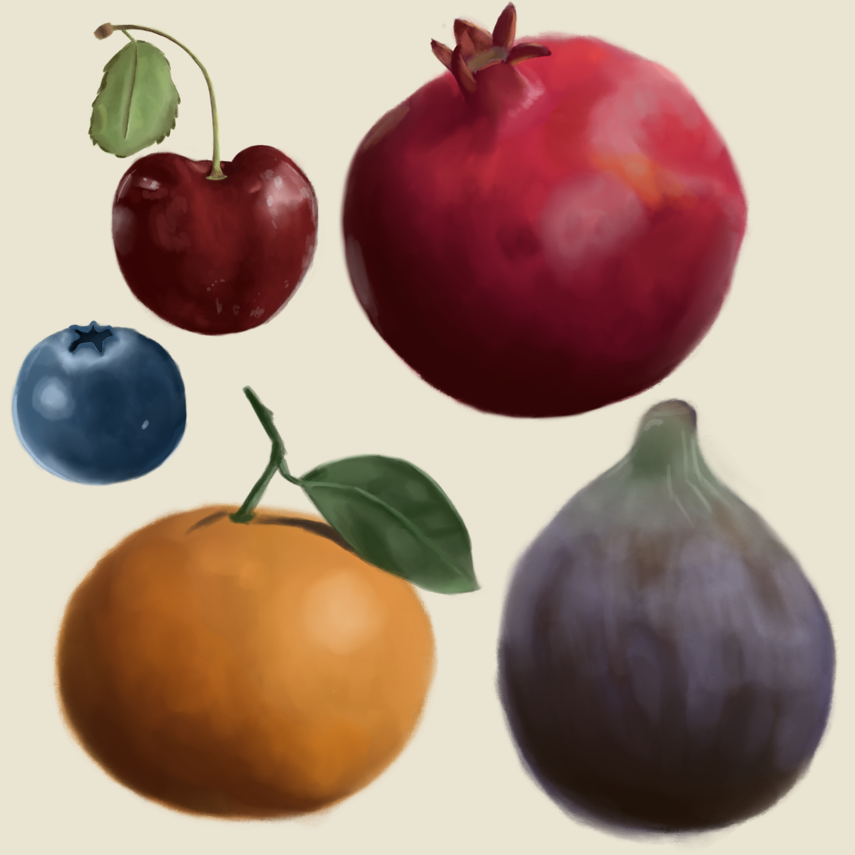 a cherry, blueberry, pomegranate, satsuma, and fig