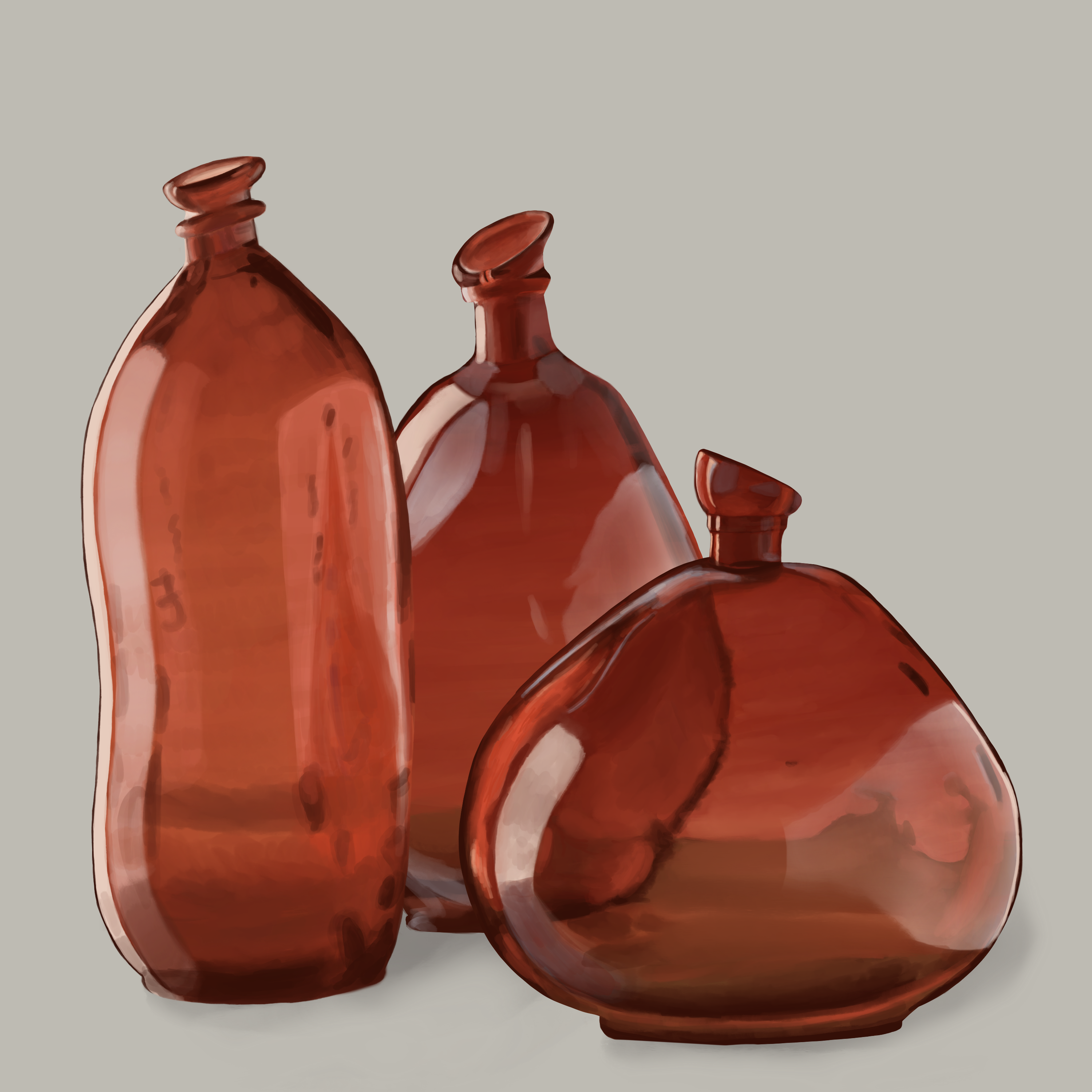 three large red glass bottles